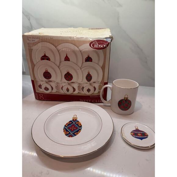 Gibson West Cliff Christmas Ornament 18 Piece Dessert Plate, Mug and Coaster Set - Picture 1 of 2